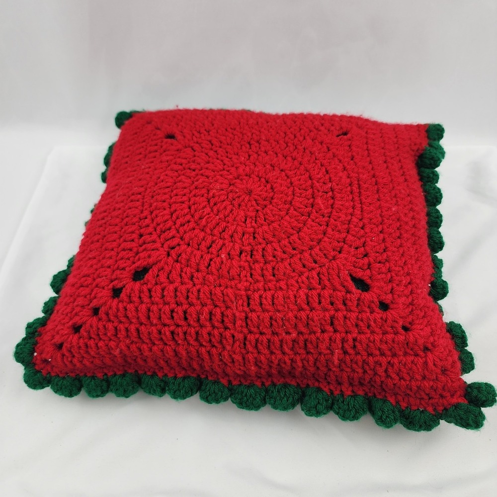 Crochet Santa Pillow 14"x13" Christmas Holiday Gift Jingle Bell Red Green - Picture 4 of 6